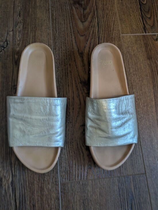 Beek Shoes - BEEK LADIES PELICAN PLATFORM METALLIC PLATINUM SLIDES 9
